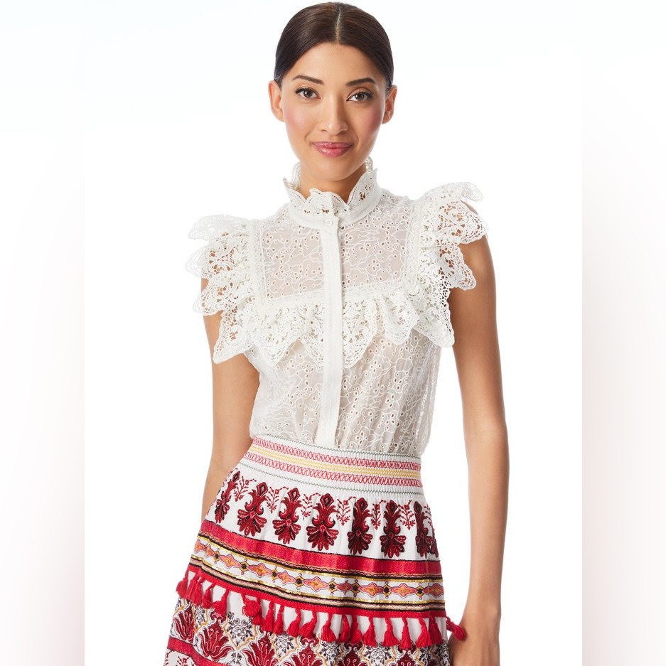 Nwt Alice + Olivia Marian Eyelet & Ruffle Blouse In Off White